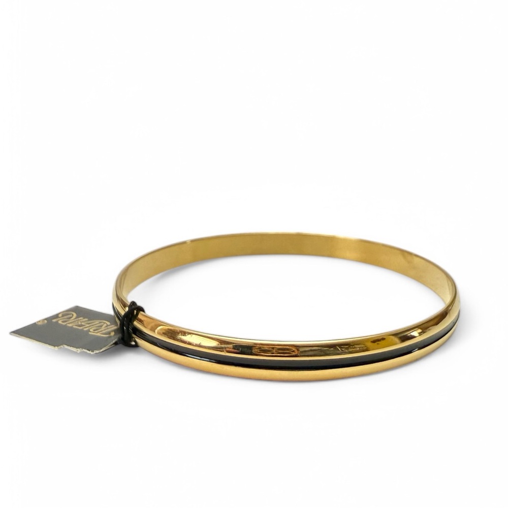 Vintage Trifari Polished Goldtone Black Enamel Stripe Bangle Bracelet NEW